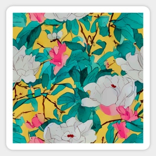 White and pink magnolia flowers on yellow Sticker